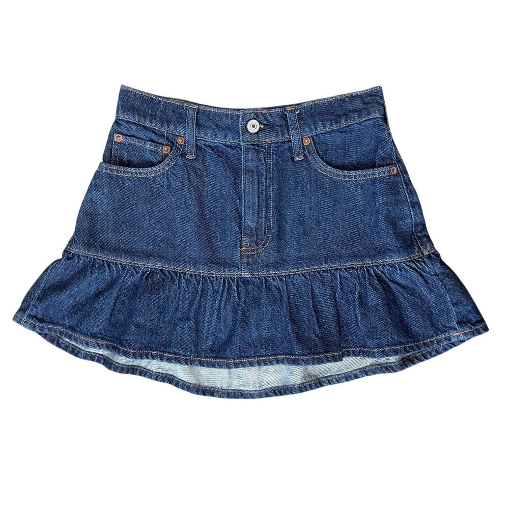 Abercrombie & Fitch Dark Wash Ruffle Denim Mini Skirt. Mid-Rise Jean Skirt Sz 25